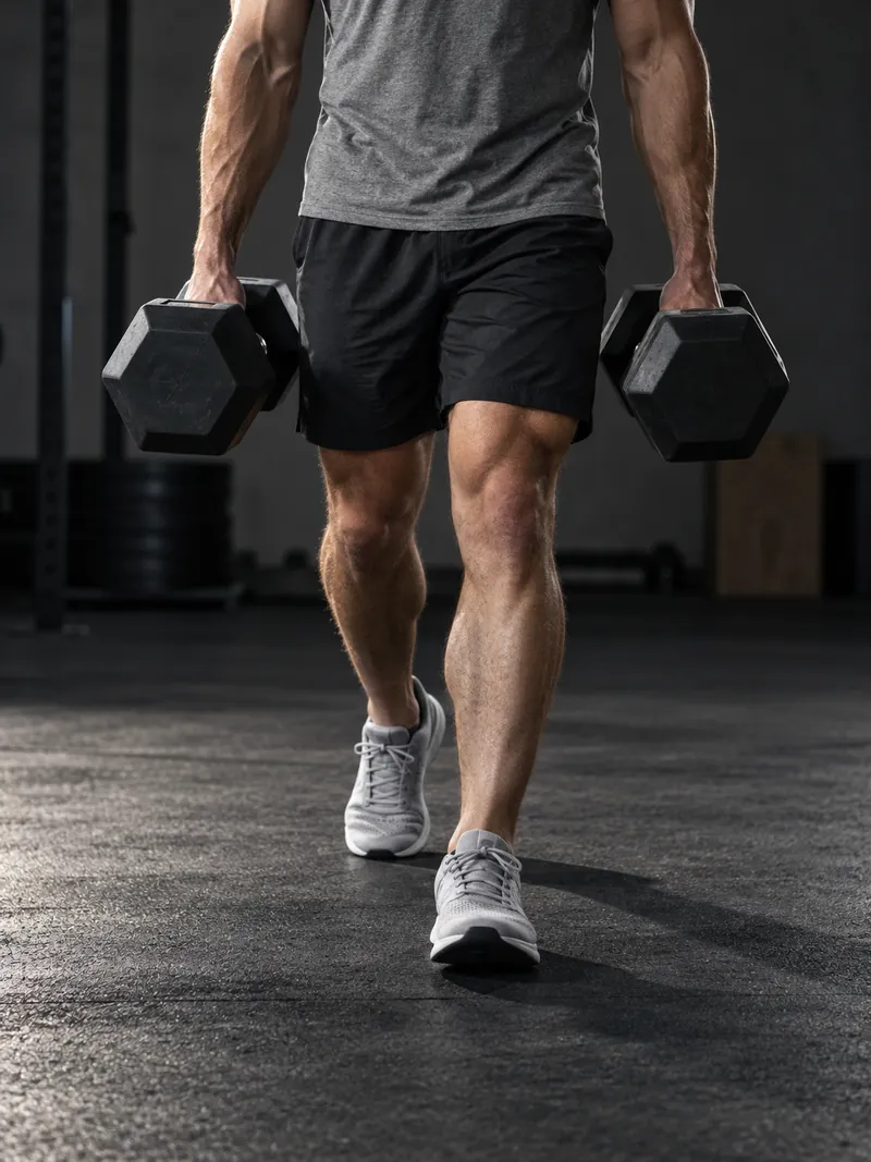 A person carrying two dumbbells across a dark training floor