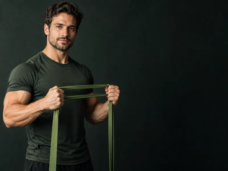 A man holding a resistance band across his chest against a dark backdrop