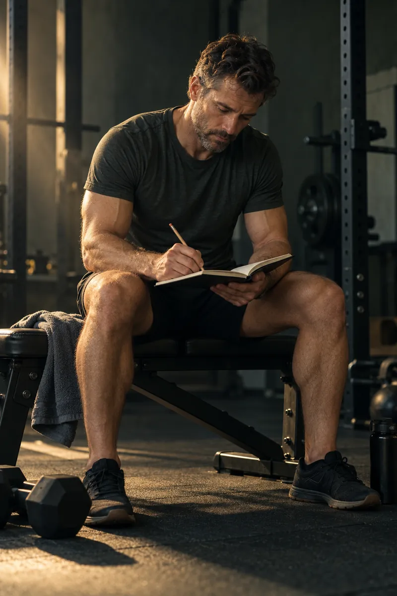 A man writing in a notebook on a training bench between sets