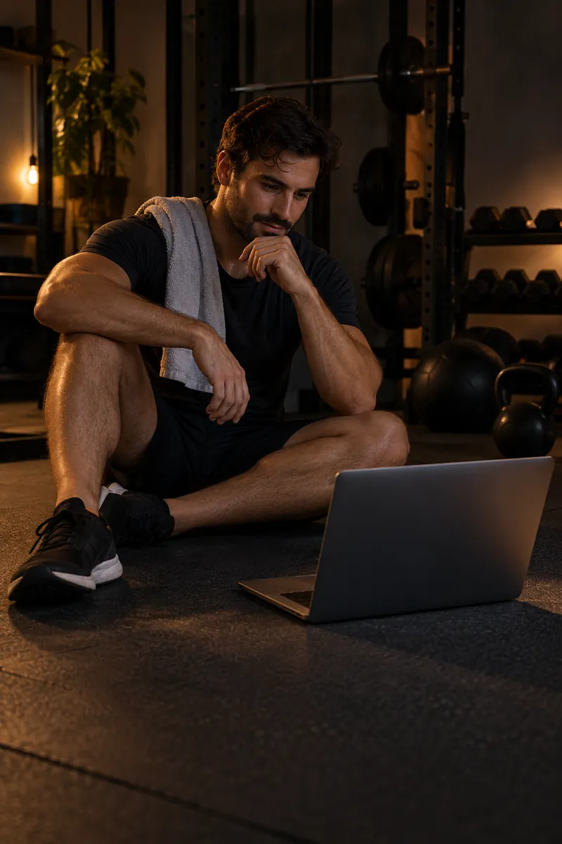 A man sitting on a gym floor after a session, looking at a laptop